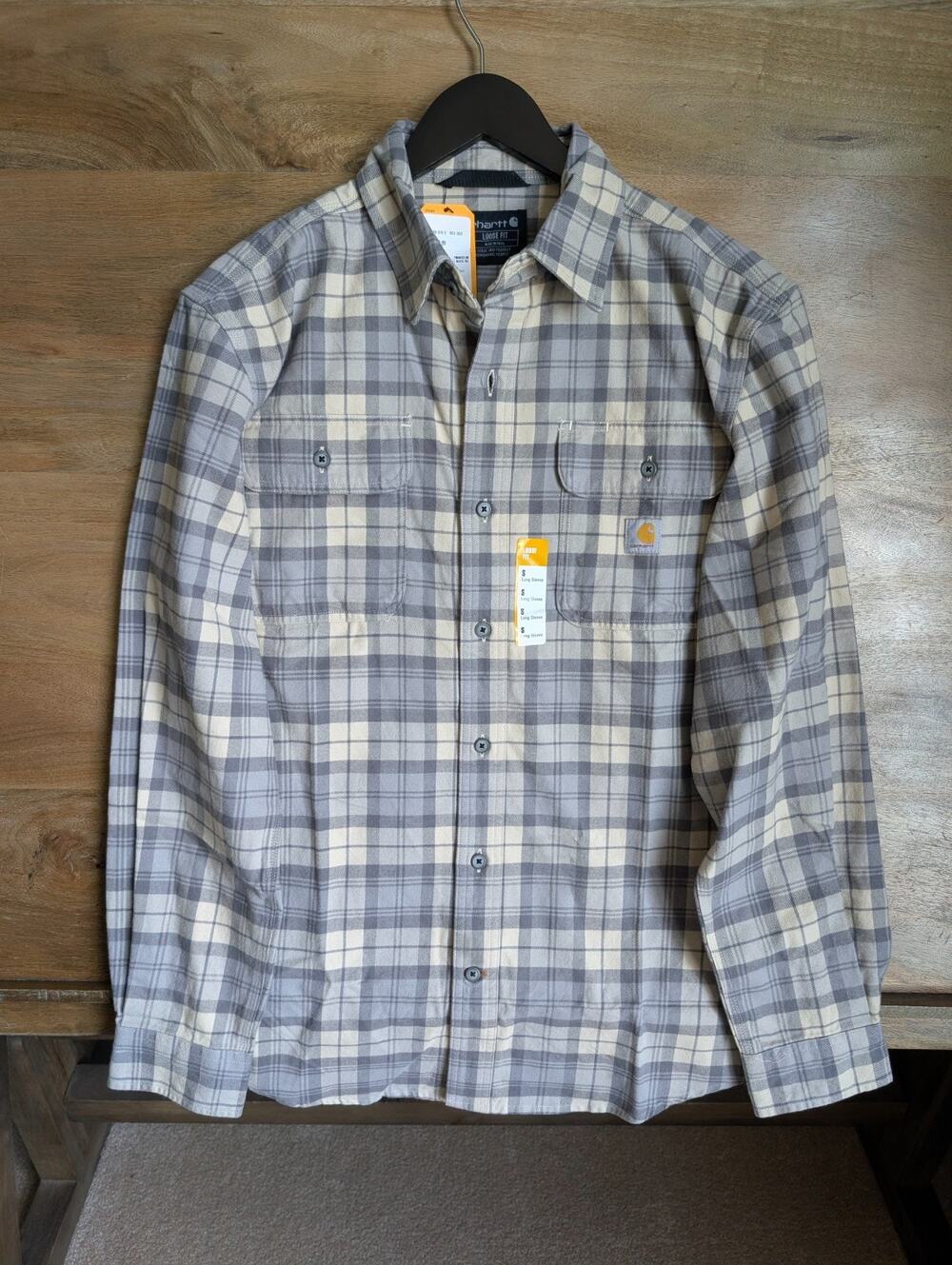 NWT Carhartt Flannel Shirt Mens S Gray Beige Plaid Loose Heavyweight TW4451-M